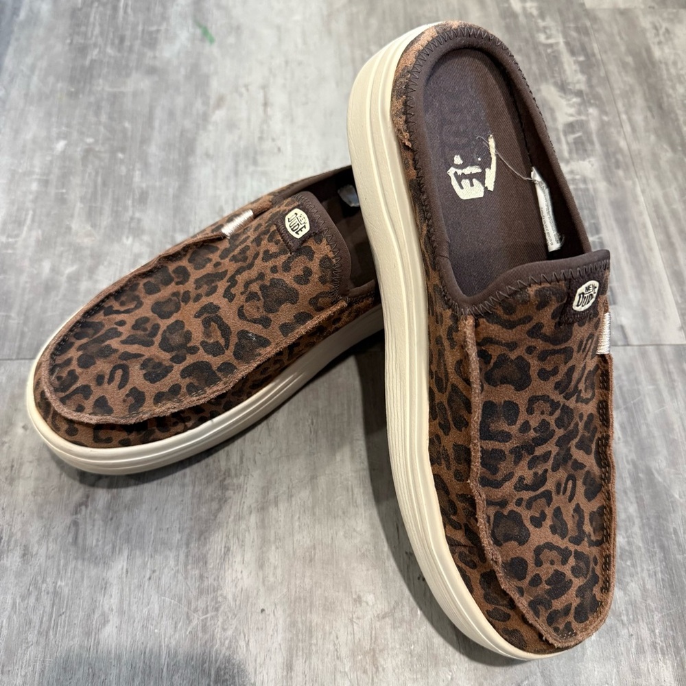 Hey Dude Leopard Slip-On Mules in Brown and Cream
